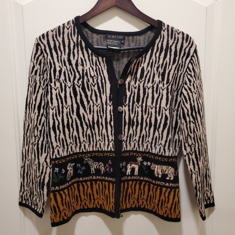 Vintage Ruby Cho Wool Blend Animal Print Embroidered Cardigan Small